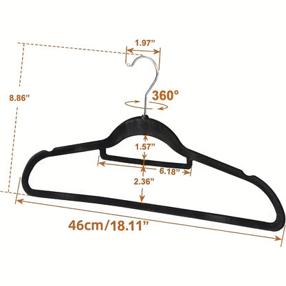 Lot de 100 cintres en velours ultra-fin - Crochet pivotant à 360 degrés, cintres noirs floqués pour vêtements délicats, présentoir élégant et polyvalent, cintres