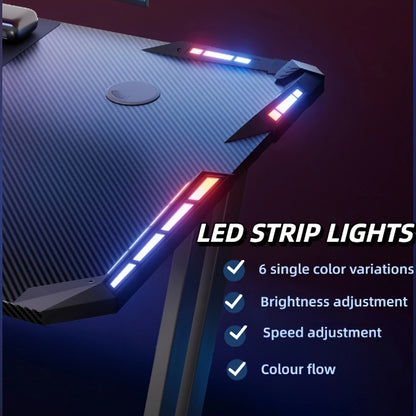 Bureau de Gaming avec Éclairage LED et Tapis de Souris, Grand Bureau Ergonomique pour Ordinateur avec Porte-Gobelet, Crochet pour Casque, Design Moderne en Fibre de Carbone pour PC Gaming & Bureau à Domicile, Noir