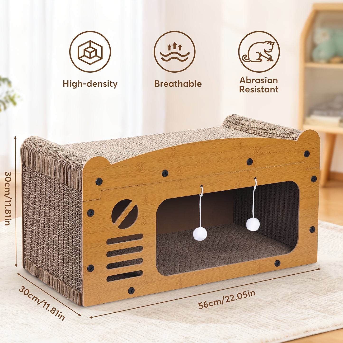 Grande maison pour chat avec poteaux à griffer, panier de transport et griffoir 3-en-1 en carton pour aiguiser les griffes, se cacher et se reposer, pompon intégré pour jouer, construction durable et robuste & facile à assembler, supporte jusqu'à 11 kg, c