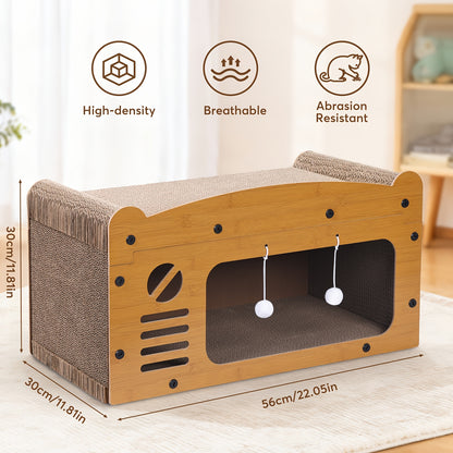 Grande maison pour chat avec poteaux à griffer, panier de transport et griffoir 3-en-1 en carton pour aiguiser les griffes, se cacher et se reposer, pompon intégré pour jouer, construction durable et robuste & facile à assembler, supporte jusqu'à 11 kg, c