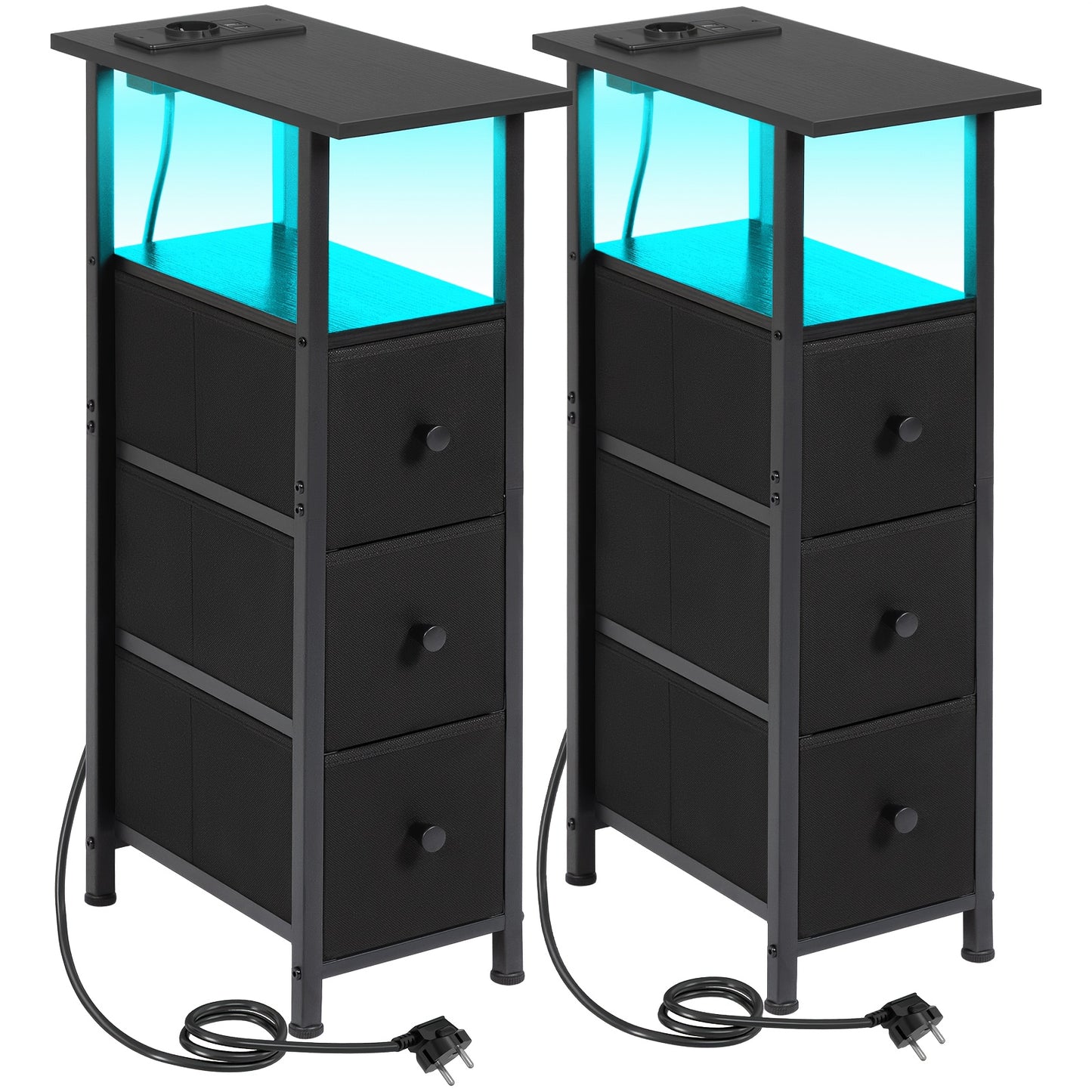 AMHANCIBLE 2 tables d'appoint étroites avec 3 tiroirs en tissu, étagère de rangement ouverte avec bande lumineuse et station de charge pour petits espaces, cadre en métal
