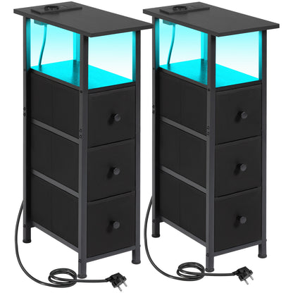 AMHANCIBLE 2 tables d'appoint étroites avec 3 tiroirs en tissu, étagère de rangement ouverte avec bande lumineuse et station de charge pour petits espaces, cadre en métal