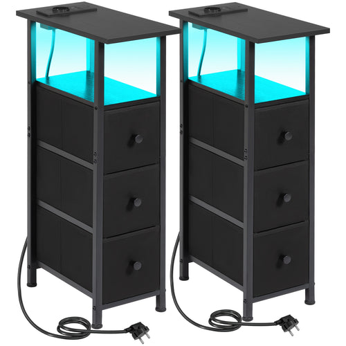 AMHANCIBLE 2 tables d'appoint étroites avec 3 tiroirs en tissu, étagère de rangement ouverte avec bande lumineuse et station de charge pour petits espaces, cadre en métal