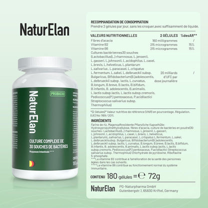 Complexe de cultures Probio PLUS - 180 CAPSULES avec 30 souches bactériennes, 20 milliards de CUF/dose quotidienne, enrobement entérique et végétalien, avec Lactobacilles et Bifidobactéries, 3 mois