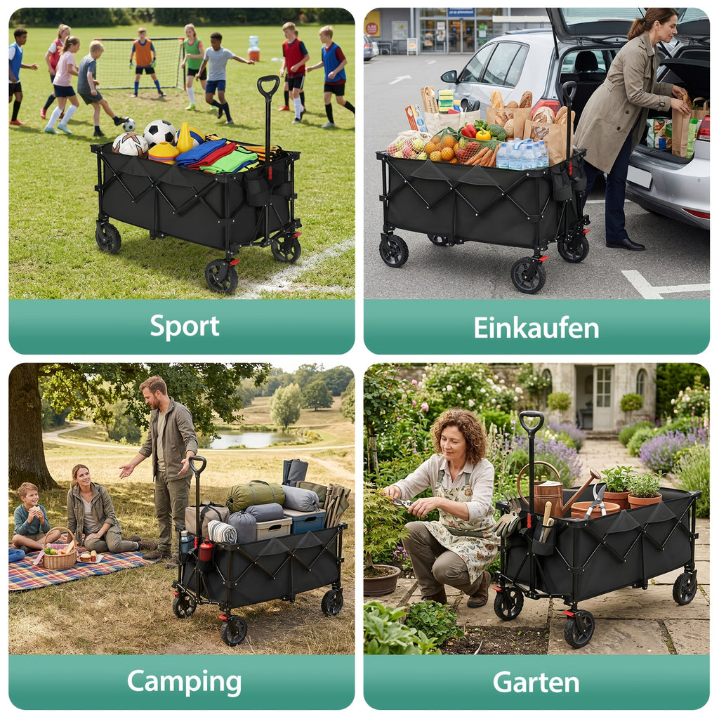 Chariot Pliant XXL Plus 200L Capacité de Charge 300KG, Chariot Pliable Adapté à l'Utilisation Hors Route avec Freins, Chariot Pliable dans Quatre Directions, Vert Olive/ Gris/ Bleu/ Noir