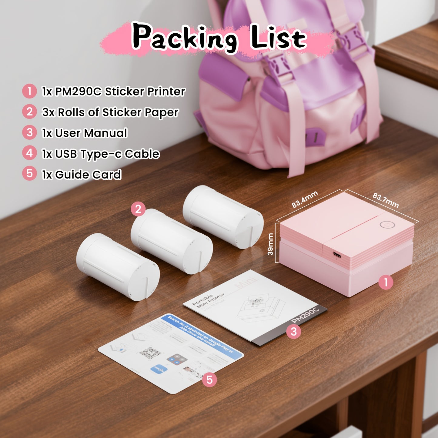 PM290CB Étiqueteuse sans fil portable et mini imprimante à main pour bureau et maison, compatible avec papier thermique, plus de 30 modèles gratuits, plus de 90 polices, impression de codes-barres, imprimante à papier thermique pour notes, journaux, reçus
