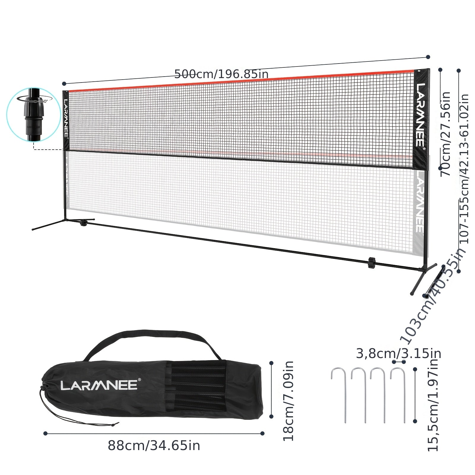 Filet de badminton de 5 mètres avec trois hauteurs réglables pour répondre à différents besoins, adapté à divers sports, tube en métal doré robuste, structure stable sans tremblement, filet PE durable, facile à assembler