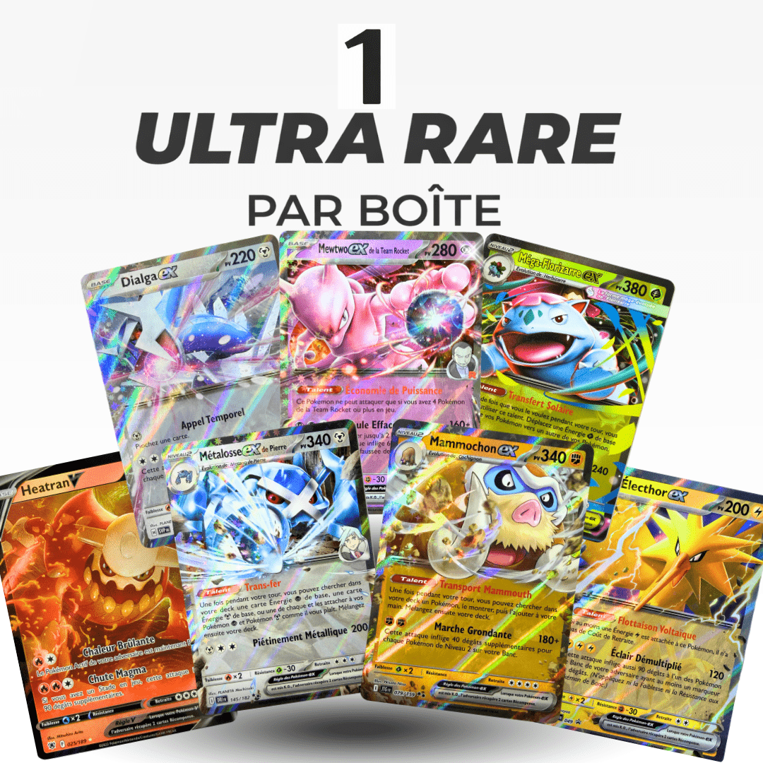 Cartes Pokémon TCG ULTRA PACK en langue française / PACK ULTRA : 1x Ultra rare EX/V + 5x Brillantes (HOLO/REVES) + 45 Cartes Pokémon communes/peu communes - Cartes Aléatoires