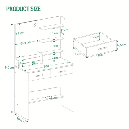 Table à toilette avec miroir, unité de toilette avec 4 étagères ouvertes et 2 compartiments, table à toilette avec 2 tiroirs, pour chambre à coucher, salon, ne comprend pas le tabouret