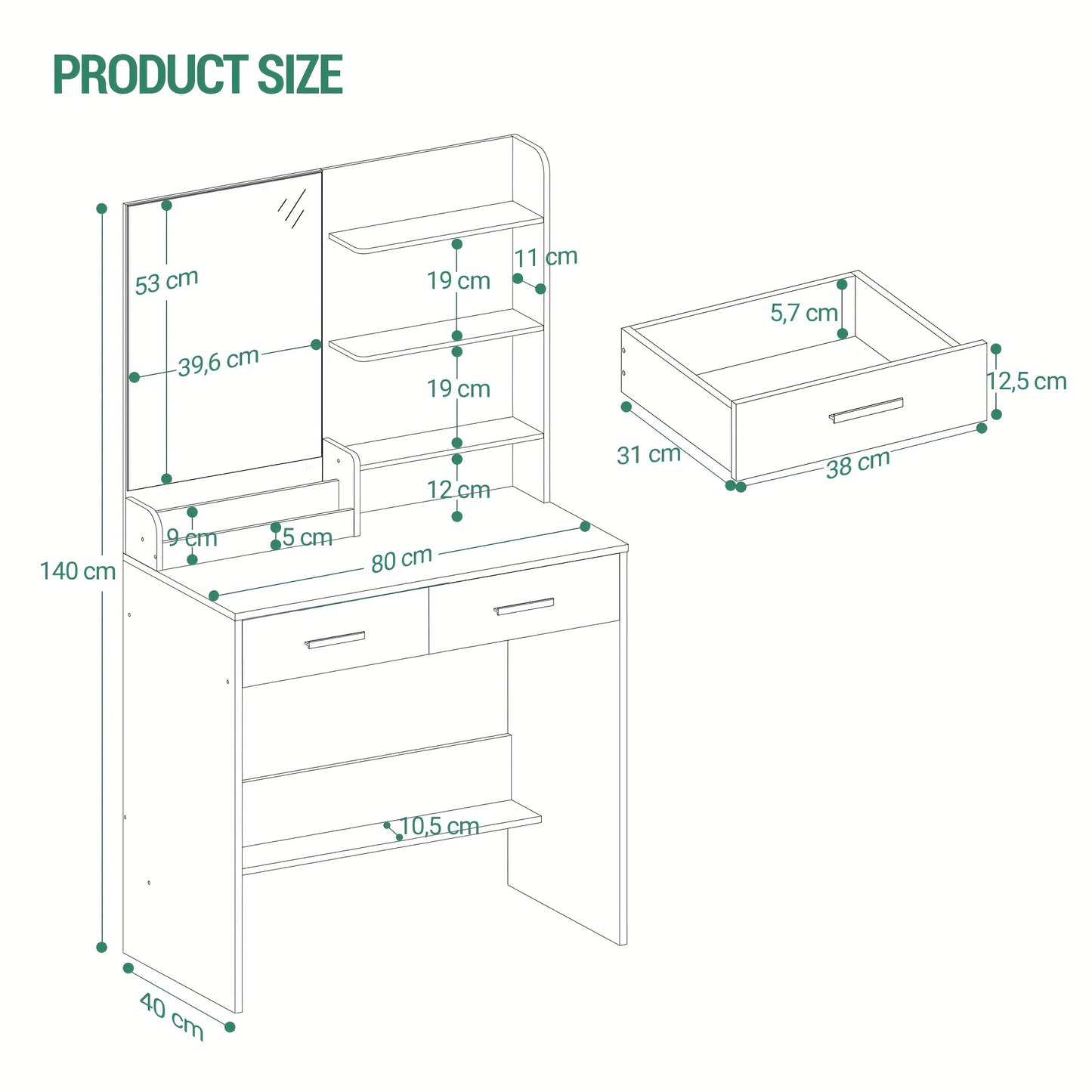 Table à toilette avec miroir, unité de toilette avec 4 étagères ouvertes et 2 compartiments, table à toilette avec 2 tiroirs, pour chambre à coucher, salon, ne comprend pas le tabouret