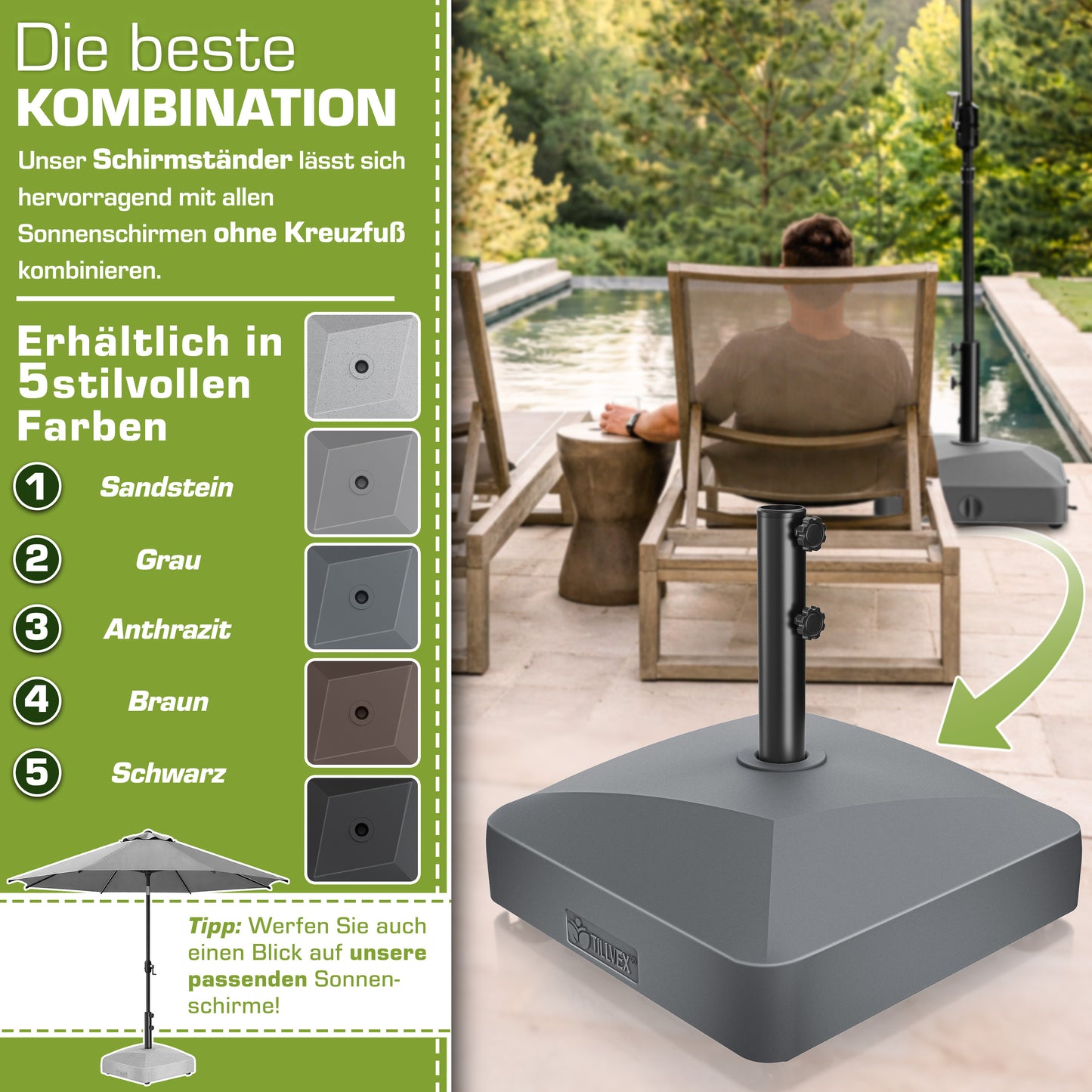 Tillvex® Support de Parasol GRAVIA avec Roues et Freins | Support de Parasol Remplissable 37 Litres / 56 kg | Adapté aux Parasols de Soleil et de Marché Ø 1,8-3,7 m | Roulable, Résistant aux Intempéries et aux UV pour Balcon, Terrasse, Jardin, Petits et G