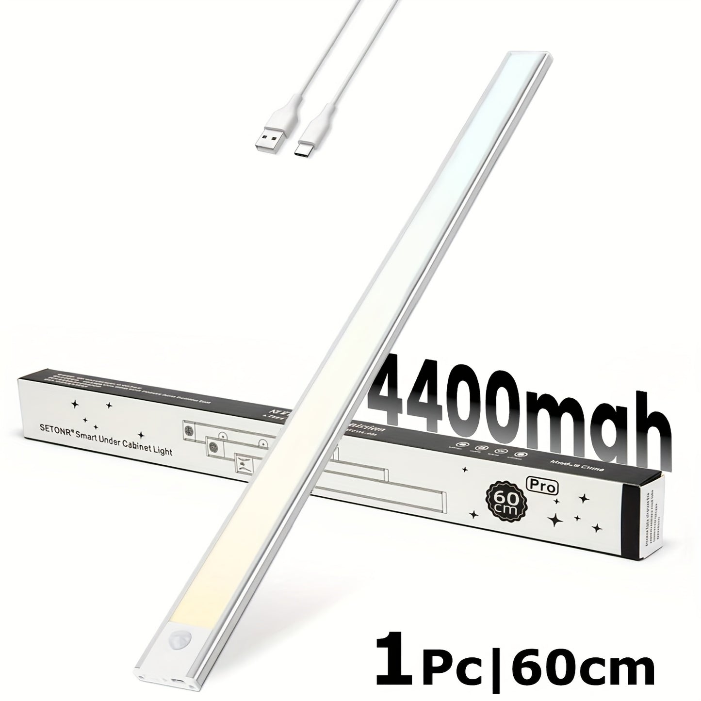 SETONR Slim LED Lampes Sous Meuble - Boîtier Métallique, Rechargeable, 450/600/2200/4400 Mah, Détecteur de Mouvement Humain, Dimmable, Adhésif, Éclairage de Cuisine à Piles pour Placards, Comptoirs et Étagères, Jusqu'à 60Cm, Longue Autonomie Disponible