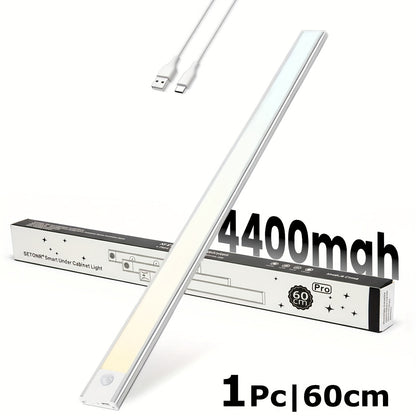 SETONR Slim LED Lampes Sous Meuble - Boîtier Métallique, Rechargeable, 450/600/2200/4400 Mah, Détecteur de Mouvement Humain, Dimmable, Adhésif, Éclairage de Cuisine à Piles pour Placards, Comptoirs et Étagères, Jusqu'à 60Cm, Longue Autonomie Disponible