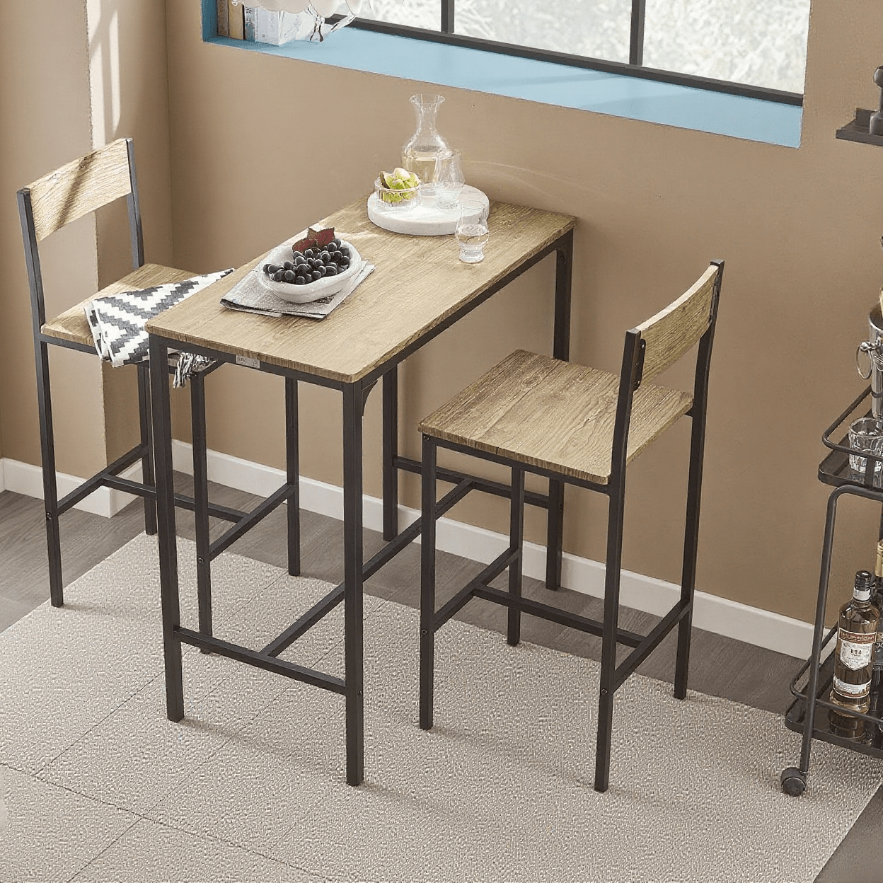 Table Haute Table de Cuisine Table de Salle à Manger Ensemble Repas Bistrot Avec 2 Chaises 1 Table 2 Places Chaises Rangement Sous Table Pour Cuisine Salle à Manger Balcon Salon Décor Bois Naturel 89x87x45cm SoBuy PHU14-O
