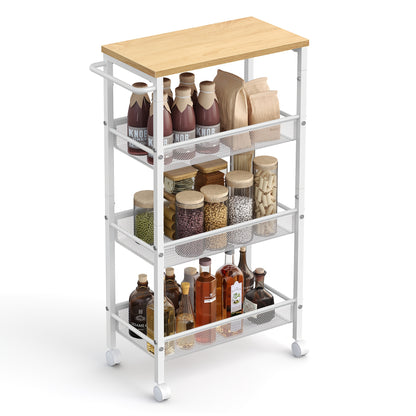 Chariot à 4 Étagères, Chariot de Cuisine Gain de Place avec Roulettes, Cadre en Acier, Poignée, pour Petits Espaces – Cuisine Salle de Bain Salon Studio