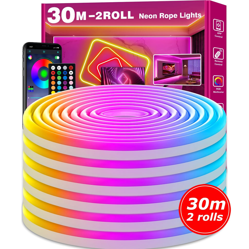 Guirlande Lumineuse LED Neon Sync Musique RGB, Bande LED pour Chambre avec Application Intelligente & Télécommande, Lumières LED Changeantes de Couleur, pour Maison, Chambre, Fête, Vacances, Décoration de Noël, Bande Lumineuse 2m/5m/20m/30m