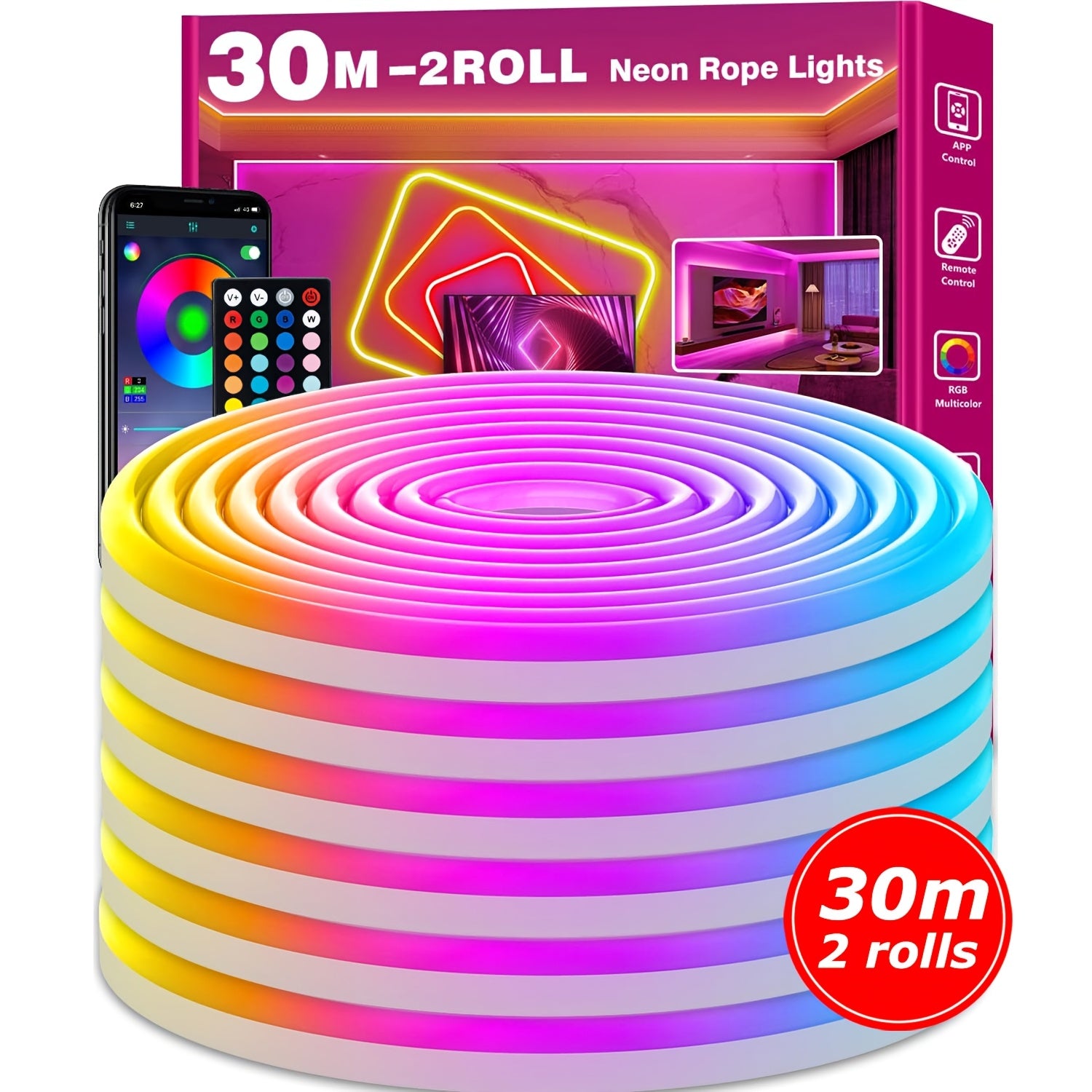 Guirlande Lumineuse LED Neon Sync Musique RGB, Bande LED pour Chambre avec Application Intelligente & Télécommande, Lumières LED Changeantes de Couleur, pour Maison, Chambre, Fête, Vacances, Décoration de Noël, Bande Lumineuse 2m/5m/20m/30m