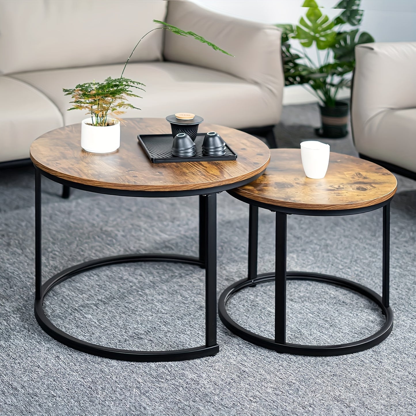 Ensemble de 2 tables gigognes rondes modernes avec cadre et plateau en placage stratifié - Gain de place, convient pour tables basses de salon, chambre, balcon, meubles rétro à assembler pour petits espaces (assemblage requis)