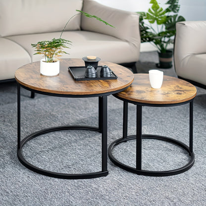 Ensemble de 2 tables gigognes rondes modernes avec cadre et plateau en placage stratifié - Gain de place, convient pour tables basses de salon, chambre, balcon, meubles rétro à assembler pour petits espaces (assemblage requis)
