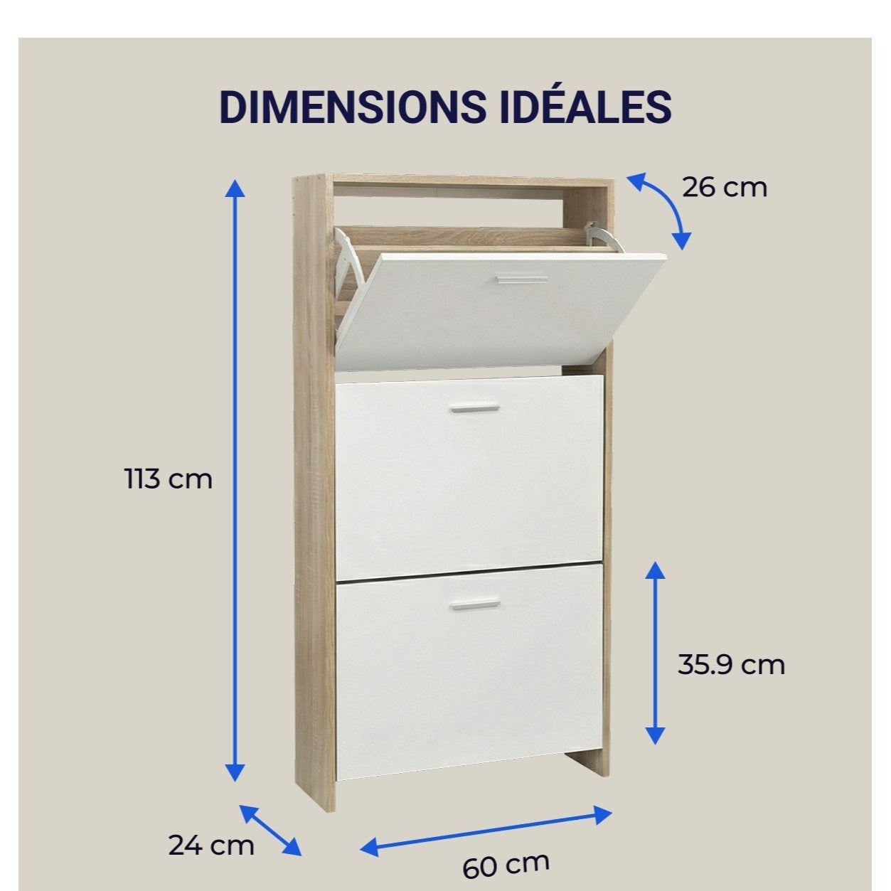Meuble à chaussures avec 3 compartiments à abattant, armoire de rangement en bois pour jusqu'à 18 paires, organisateur d'entrée peu encombrant