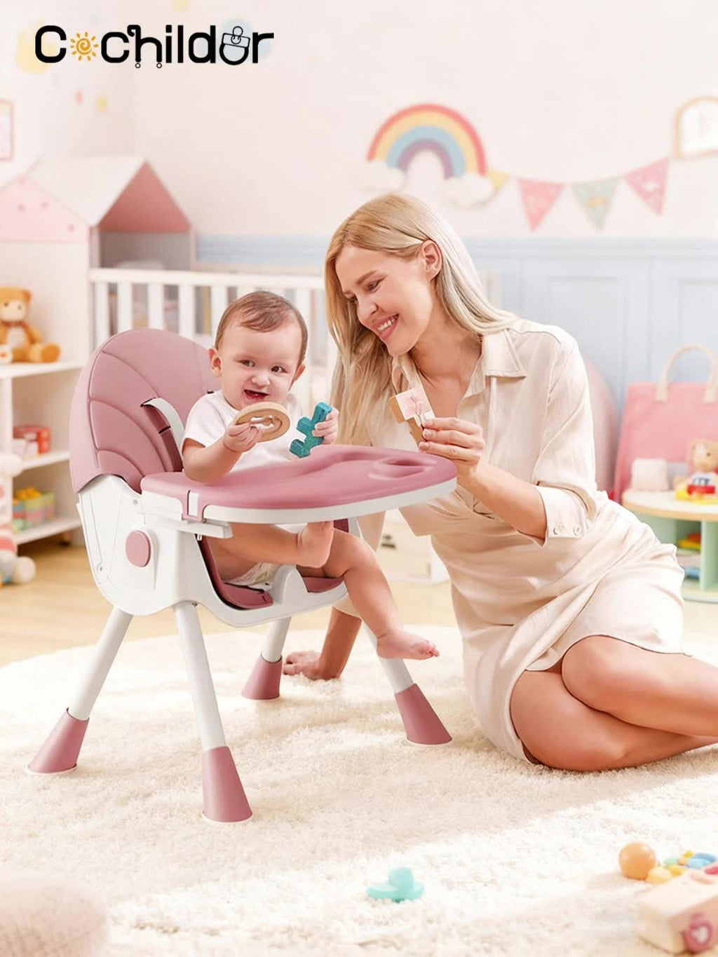 Chaise Haute Bébé Cochildor, Chaise Haute pour Enfant avec Plateau, Chaise de Repas pour Bébé à Hauteur Réglable, Siège Repose-pieds pour Enfant avec Fonction Pliable