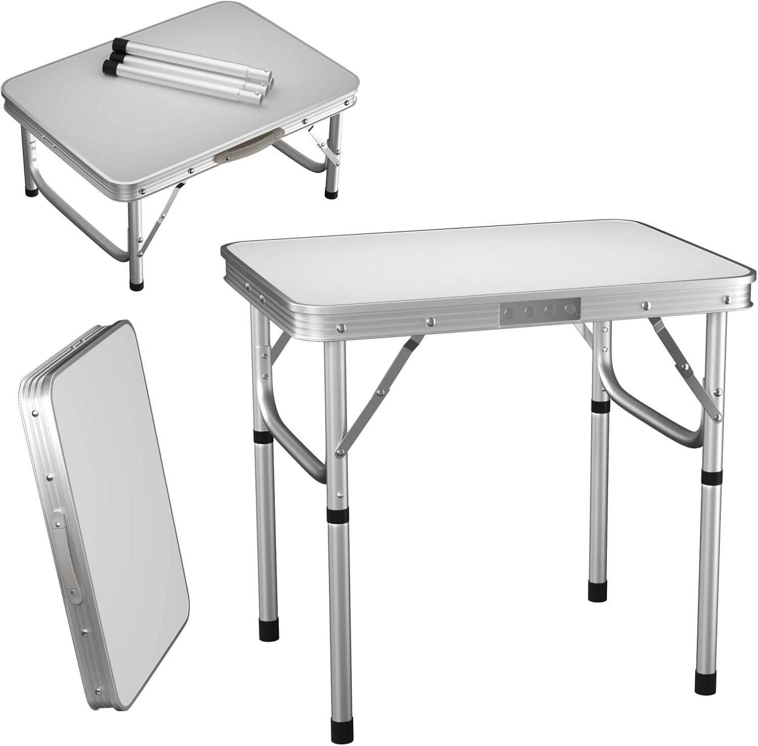 Table pliante 2 pieds robuste à hauteur réglable, table de camping portable avec poignée de transport, pour intérieur extérieur jardin fête BBQ 60x45x26/56 cm en aluminium, bureau BBQ pour cuisine extérieure