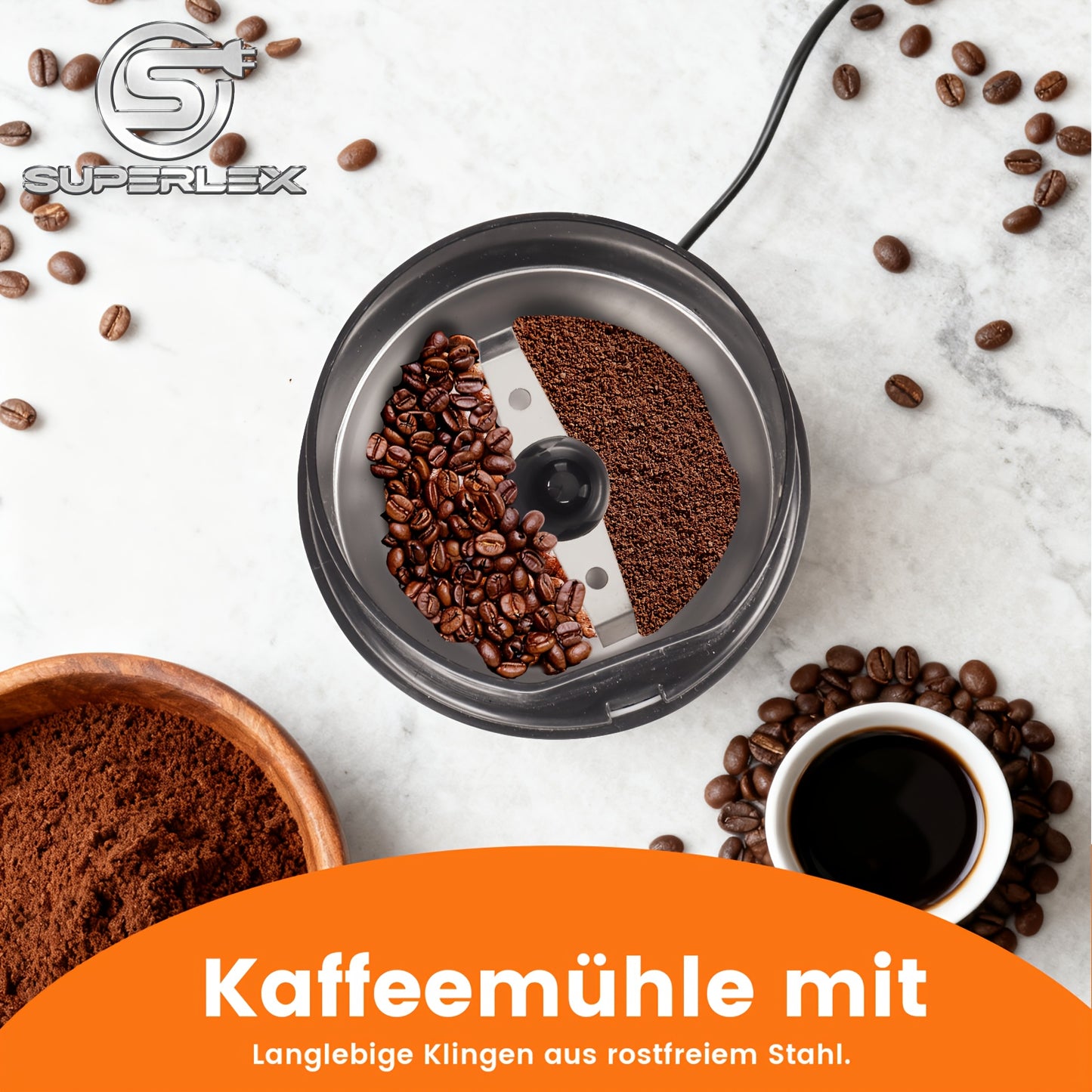 SUPERLEX Moulin à Café Puissant 150W, Conception Compacte Gain de Place, Mouture Uniforme Libère un Arôme de Café Riche, Verrouillage de Sécurité et Pièces Amovibles, Entretien Facile pour Coin Café Domestique