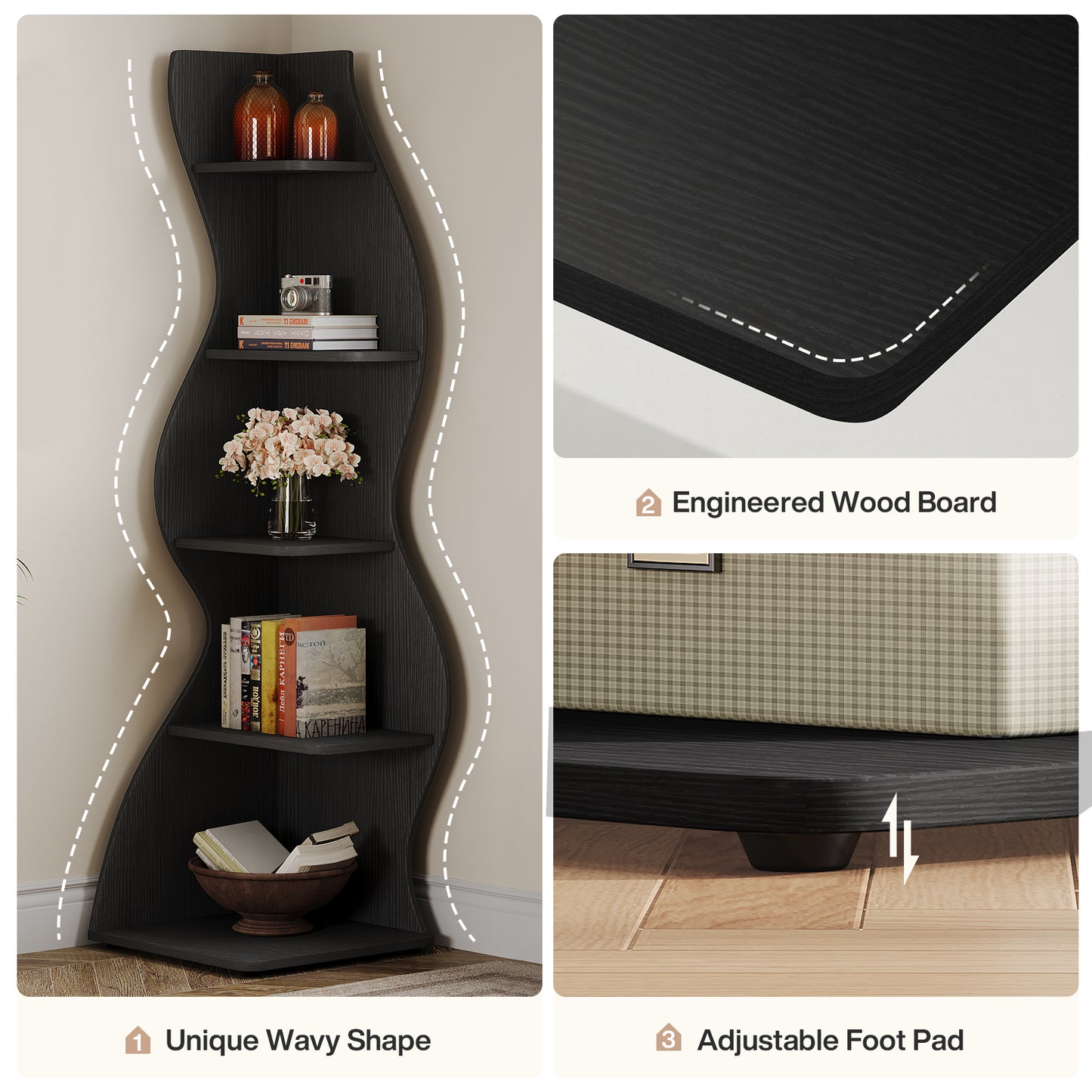Étagère d'angle, étagère d'angle rustique à 5 niveaux, étagère d'angle élégante, petit meuble à livres, support de rangement pour plantes avec une forme unique pour le salon, le bureau à domicile.