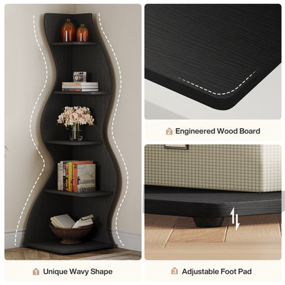 Étagère d'angle, étagère d'angle rustique à 5 niveaux, étagère d'angle élégante, petit meuble à livres, support de rangement pour plantes avec une forme unique pour le salon, le bureau à domicile.