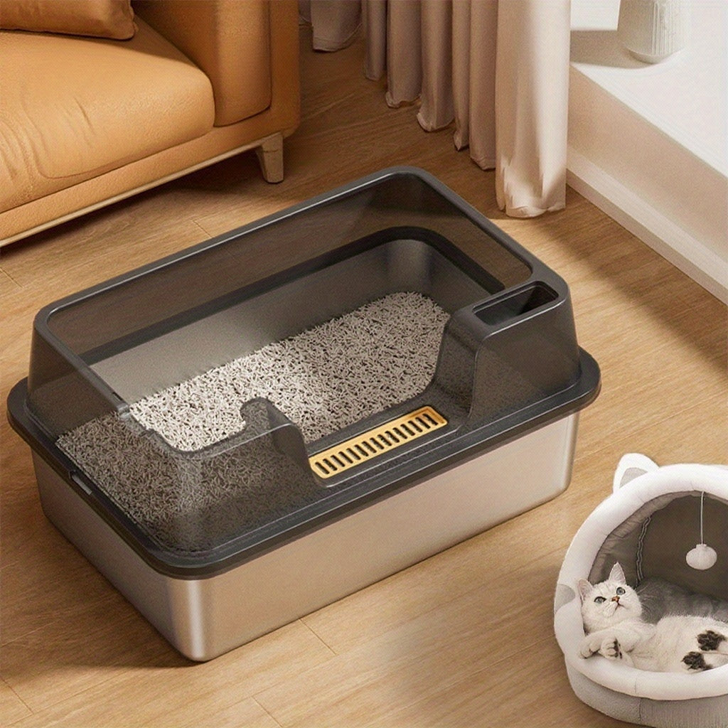 Litière grande taille en acier inoxydable avec couvercle, conçue pour les grands chats, facile à entretenir et sans odeur, avec des murs hauts et une construction métallique durable