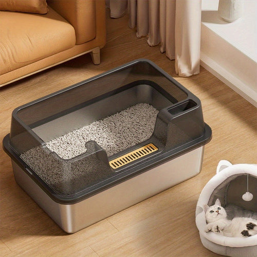 Litière grande taille en acier inoxydable avec couvercle, conçue pour les grands chats, facile à entretenir et sans odeur, avec des murs hauts et une construction métallique durable