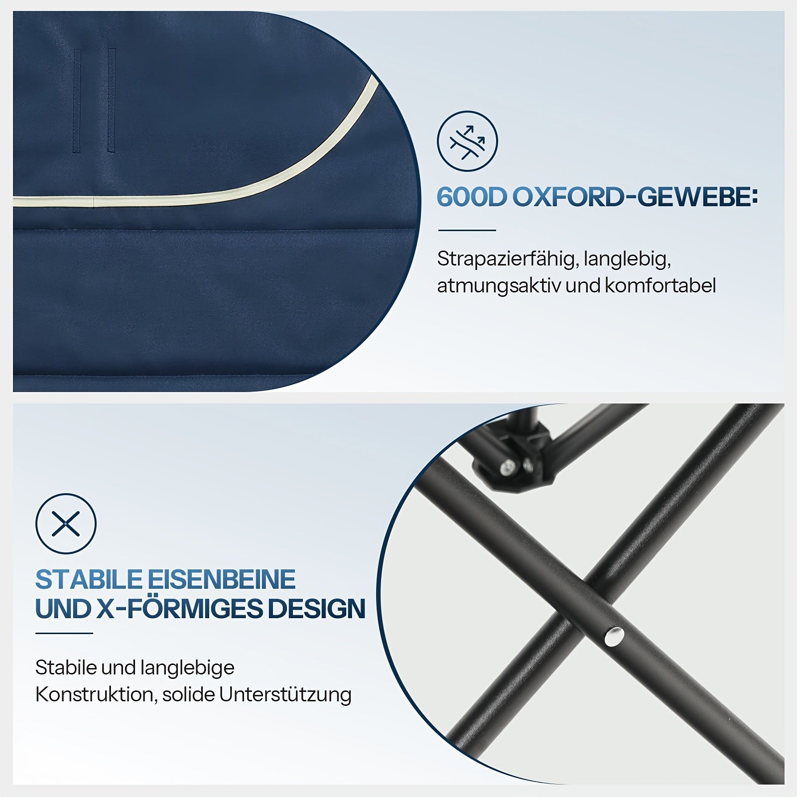 Canapé de camping double avec 2 porte-gobelets - 95 cm de large, supporte jusqu'à 200 kg, coussins bleu-gris doux, conception pliante portable, avec sac de rangement, parfait pour la pêche, les pique-niques, les plages et les pelouses, bleu et gris
