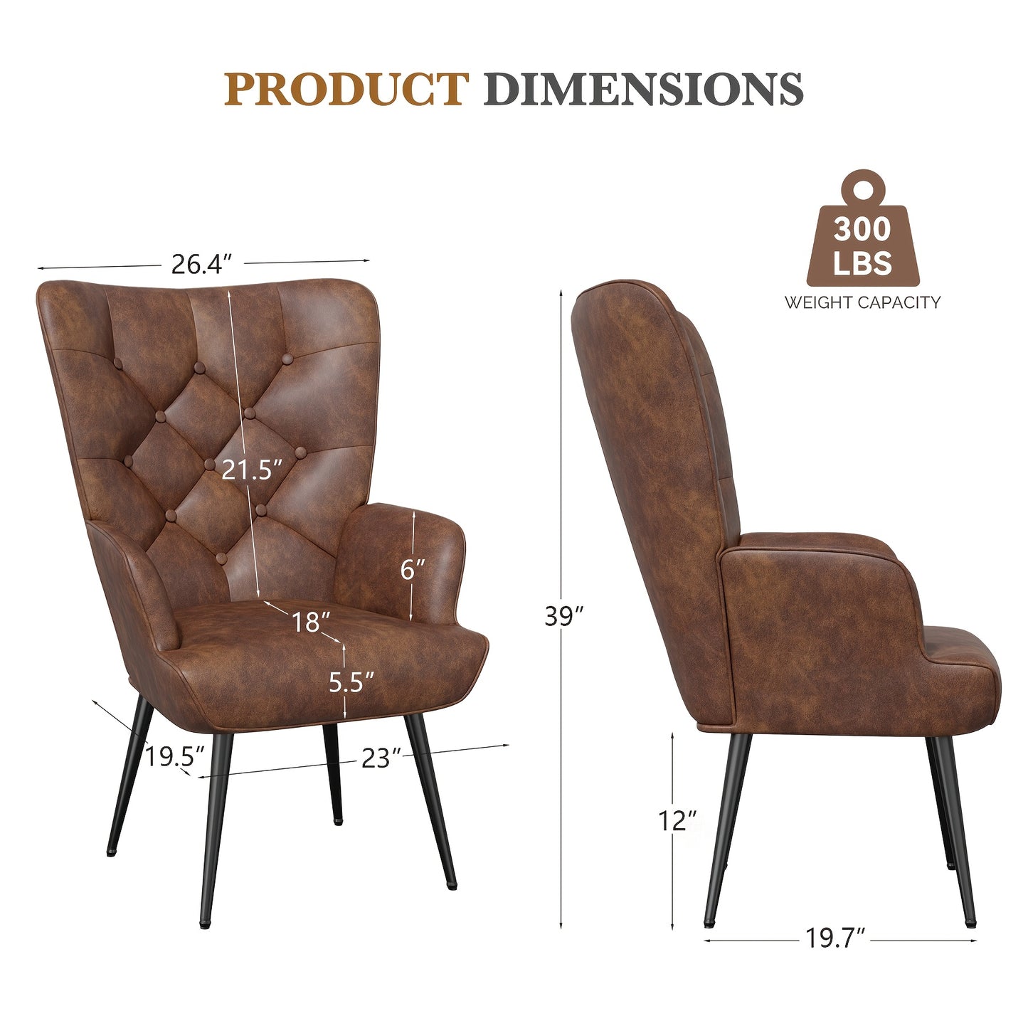 Fauteuil Relax, Fauteuil à Ailes Style Scandinave, Élégant Fauteuil Rembourré, Chaise de Coiffeuse, avec Pieds en Métal, Fauteuil pour Salon, Chambre à Coucher, Charge Maximale 150 Kg