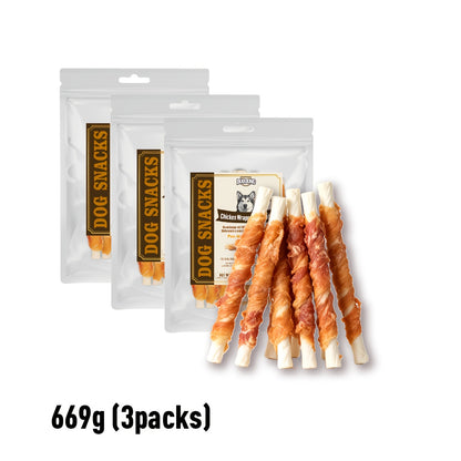 Bâtonnets de cuir cru enveloppés de poulet | Croquettes dentaires naturelles sans céréales et à haute teneur en protéines pour toutes les races de chiens, saveurs boeuf et poulet