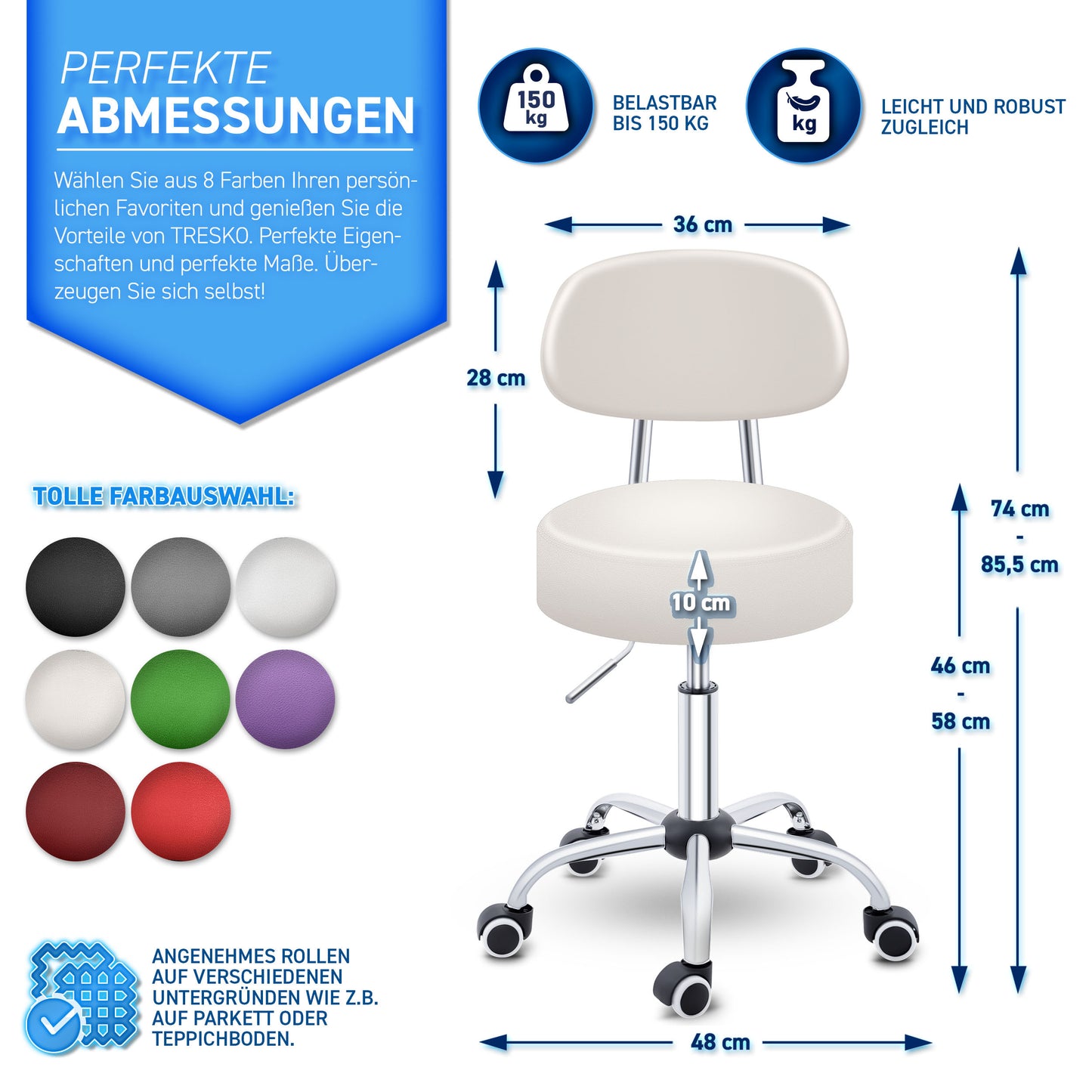 Tabouret Escalier TRESKO® avec Dossier 150 Kg | Tabouret de Travail Réglable en Hauteur 47-60 Cm | Tabouret Pivotant avec Roulettes | Tabouret Chaise de Bureau Chaise Pivotante