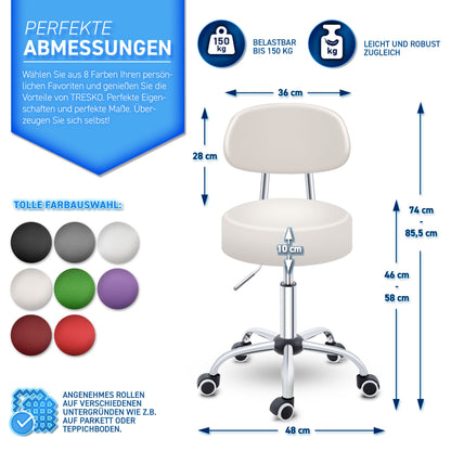 Tabouret Escalier TRESKO® avec Dossier 150 Kg | Tabouret de Travail Réglable en Hauteur 47-60 Cm | Tabouret Pivotant avec Roulettes | Tabouret Chaise de Bureau Chaise Pivotante