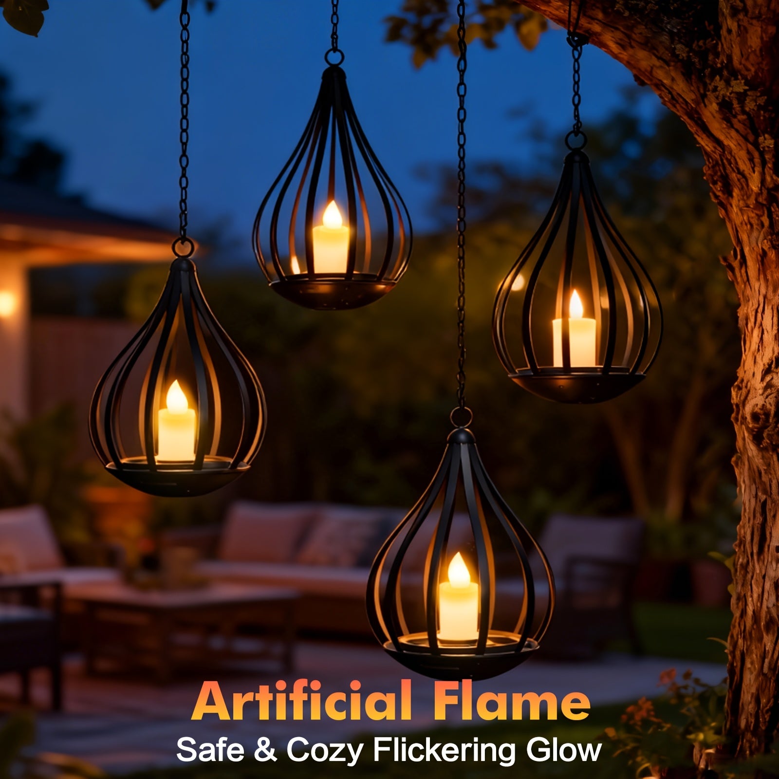 Lanternes suspendues solaires, lampes style bougie avec effet de clignotement LED, adaptées aux tables à manger, jardins, pelouses et décorations de fêtes en plein air, 1/2/4 pièces