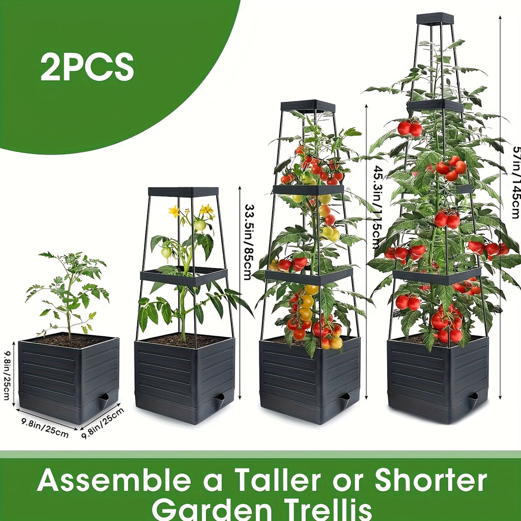 Deux Supports de Culture pour Tomates avec Auvent, Bacs de Jardin de 57 Pouces de Haut pour Plantes Potagères Grimpantes, Cages à Tomates Autoirrigantes, pour Pots de Jardin Intérieur et Extérieur sur la Serre de Patio