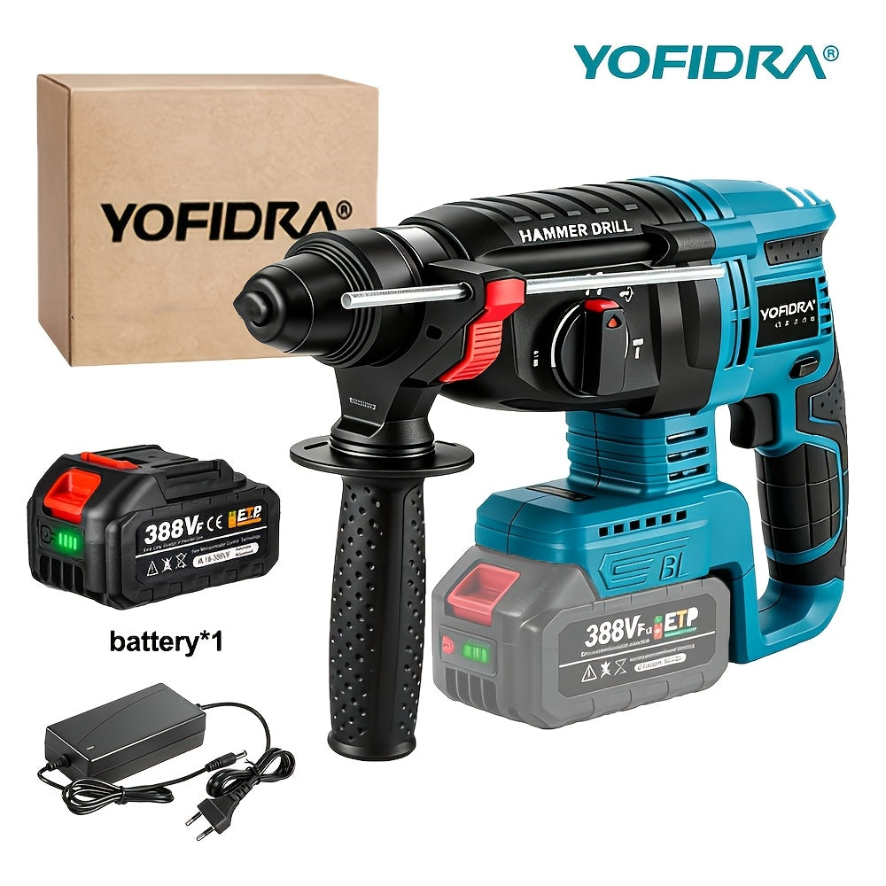 Perceuse à percussion électrique, poignée auxiliaire rotative à 180 degrés, boîte à vitesses 4 vitesses, mandrin métallique 26 mm, perceuse rotative sans fil, adaptée pour percer béton, acier, brique et bois, compatible avec les batteries YOFIDRA