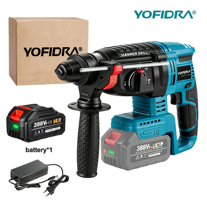 Perceuse à percussion électrique, poignée auxiliaire rotative à 180 degrés, boîte à vitesses 4 vitesses, mandrin métallique 26 mm, perceuse rotative sans fil, adaptée pour percer béton, acier, brique et bois, compatible avec les batteries YOFIDRA