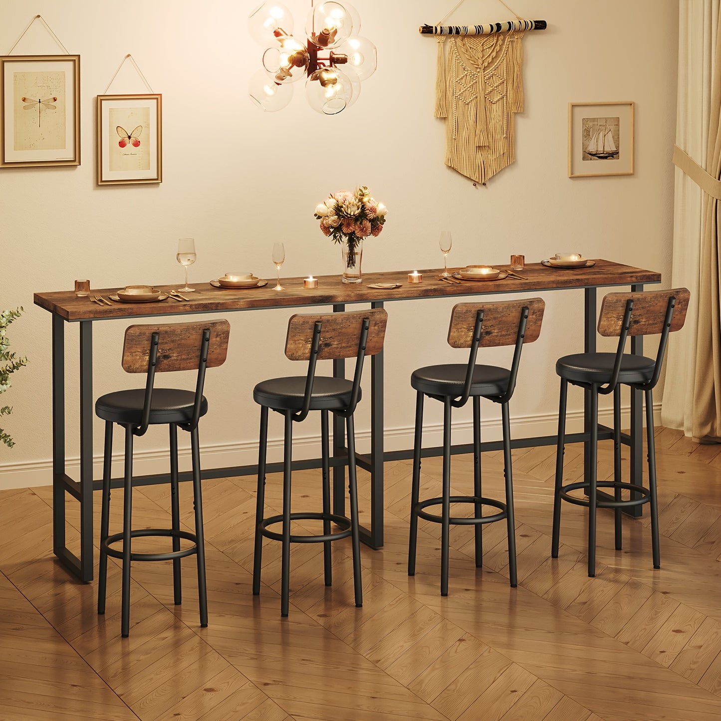 Ensemble de 2 tabourets de bar avec dossier, chaises de bar avec revêtement en cuir PU, chaises de cuisine avec repose-pieds, pour cuisine, salon, bar, montage facile, marron vintage et noir