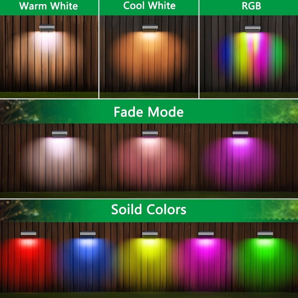 8pcs Lampes Solaires de Clôture pour Extérieur, Lumière Chaude & Blanc Froid et RGB, Super Lumineuses, pour Escalier, Cour, IP65, pour Jardin, Clôture, Mur, Terrasse, Décoration d'Éclairage Commercial