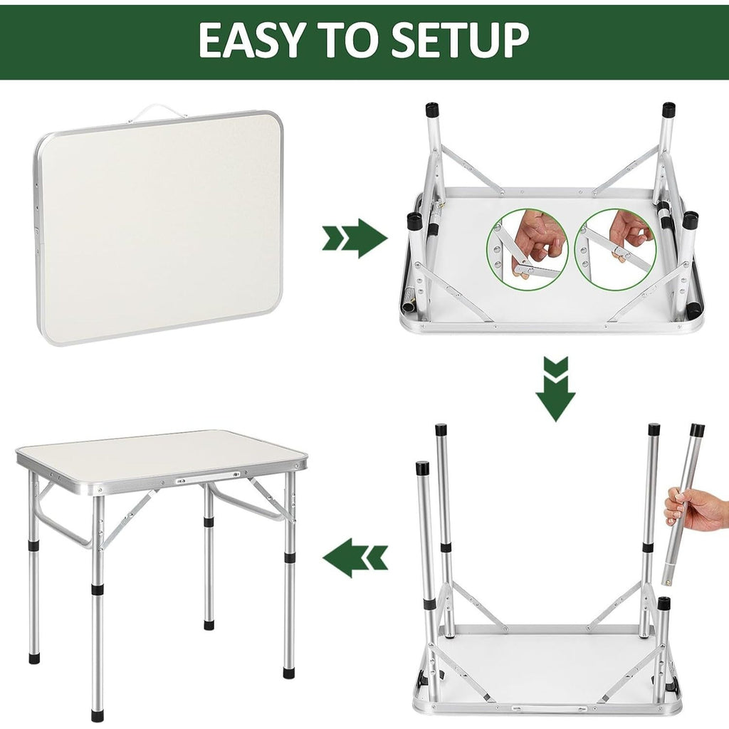 Table pliante 2 pieds robuste à hauteur réglable, table de camping portable avec poignée de transport, pour intérieur extérieur jardin fête BBQ 60x45x26/56 cm en aluminium, bureau BBQ pour cuisine extérieure