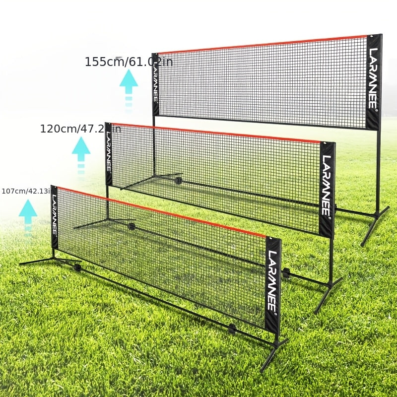 Filet de badminton de 5 mètres avec trois hauteurs réglables pour répondre à différents besoins, adapté à divers sports, tube en métal doré robuste, structure stable sans tremblement, filet PE durable, facile à assembler