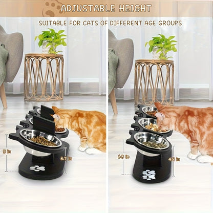Ensemble de Gamelle surélevée pour Chat avec 4 Bols en Acier Inoxydable - Gamelle Inclinée à 15°, Hauteur Réglable avec Support Noir, Cadeau Idéal pour les Propriétaires d'Animaux