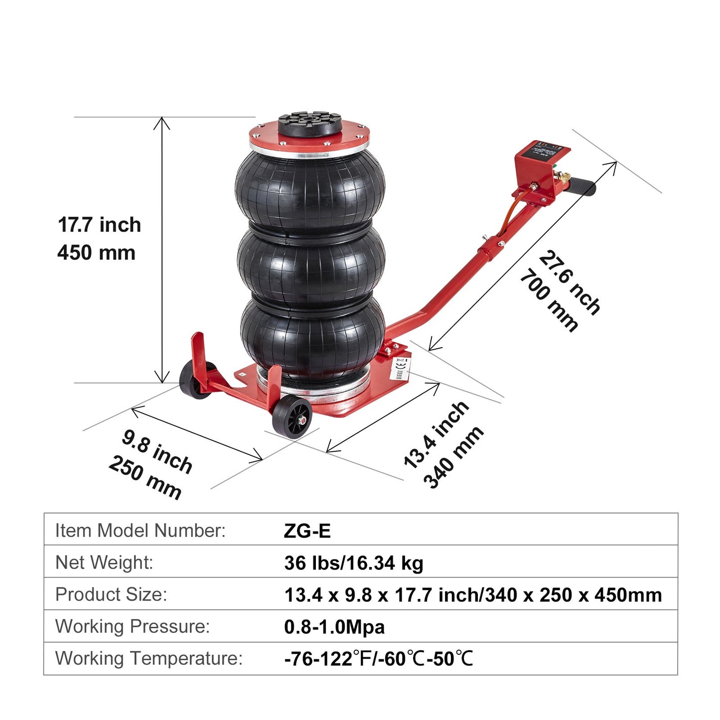 Cric à air VEVOR, cric à triple sac de 3 tonnes/6600 lbs, cric à airbag avec six tubes en acier, élévation jusqu'à 17.7 pouces/450 mm, cric pneumatique à levage rapide en 3-5 secondes, avec longues poignées pour voitures, garages, réparations, (rouge)