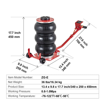 Cric à air VEVOR, cric à triple sac de 3 tonnes/6600 lbs, cric à airbag avec six tubes en acier, élévation jusqu'à 17.7 pouces/450 mm, cric pneumatique à levage rapide en 3-5 secondes, avec longues poignées pour voitures, garages, réparations, (rouge)