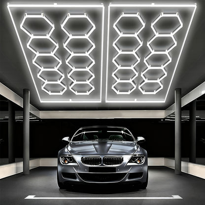 Lumière LED hexagonale 5 grilles/8 grilles/10, 14 grilles avec bordure, 6500K super brillante, facile à installer, design durable pour garage, atelier beauté auto, atelier, salle d'exposition, salle de sport