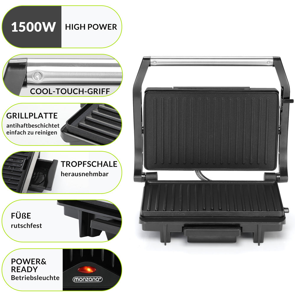 MONZANA® Grill Contact Antiadhésif Sécurité Verrouillage Cool-Touch Cuisine Électrique Grill Table Grill Sandwich Maker Panini Toaster 1500W Noir