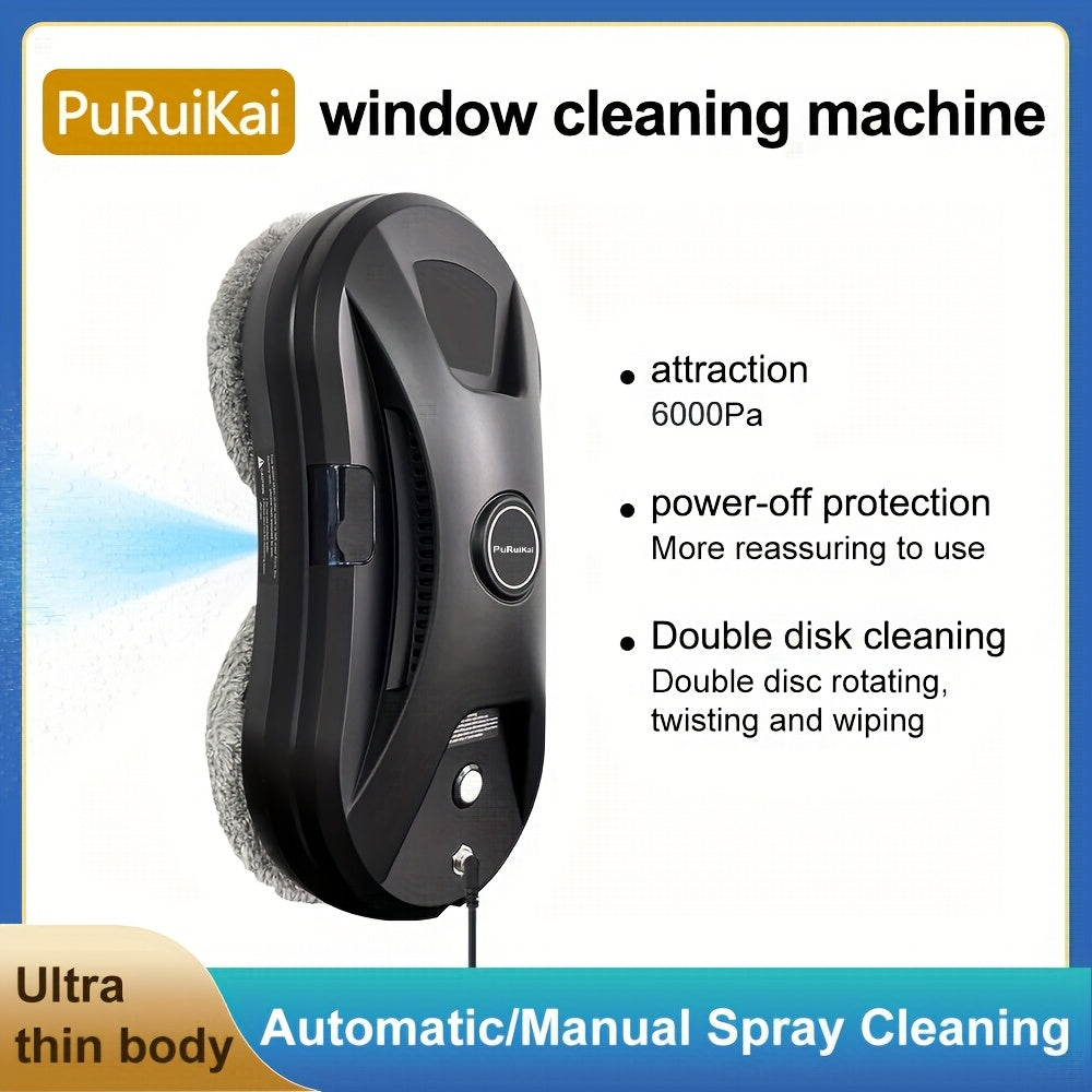 PuRuiKai11 Robot Nettoyeur de Vitres Intelligent et Automatique (Modèle 2026) avec Télécommande, Pulvérisation Automatique d'Eau, Corde de Sécurité -Chute de 4,5 mètres, Incluant 10 Chiffons de Nettoyage et Bouteilles de Pulvérisation